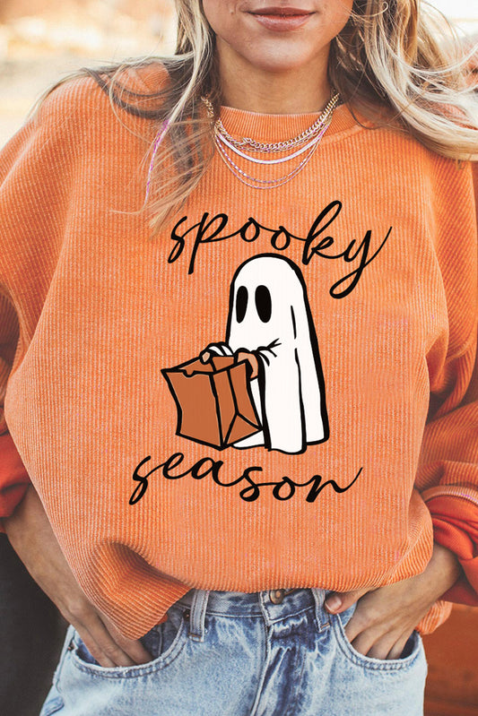 Sweat-shirt orange côtelé à imprimé fantôme Spooky Season