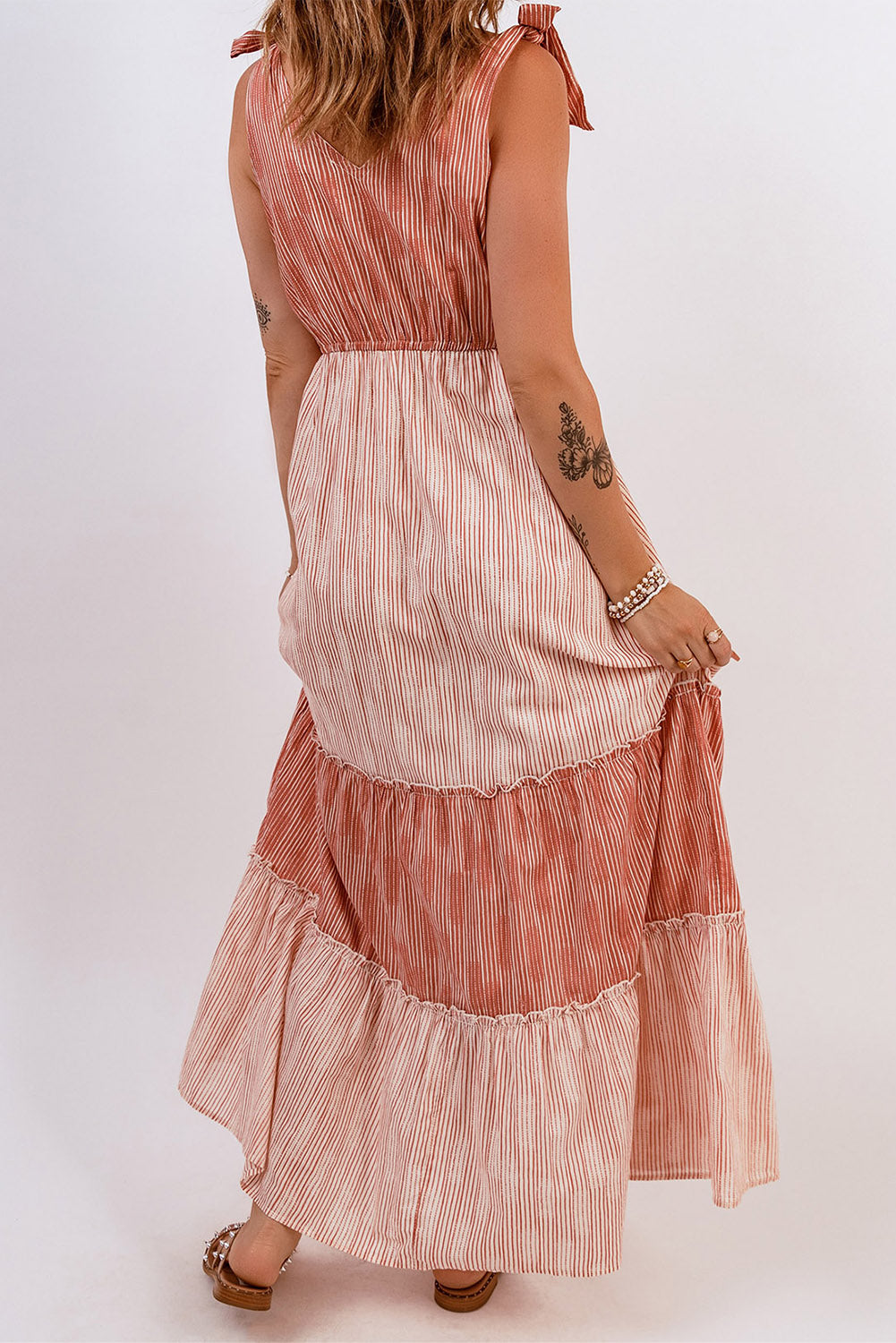 Tie Shoulder Striped Tiered Sleeveless Maxi Dress