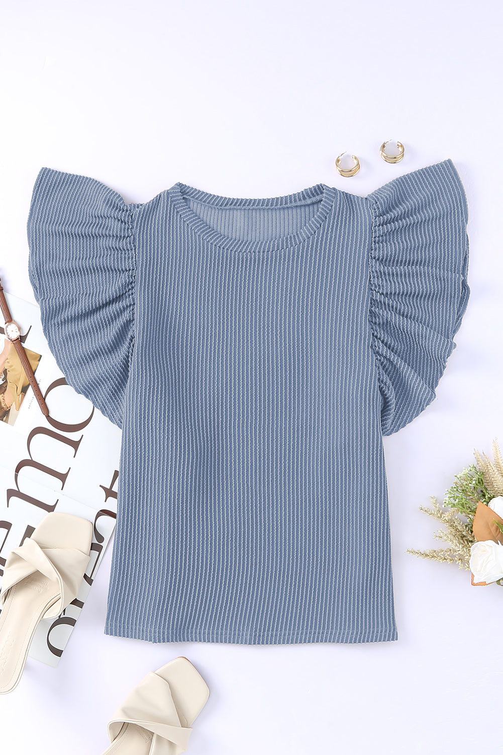 Ribbed Knit Ruffled Short Sleeve T Shirt