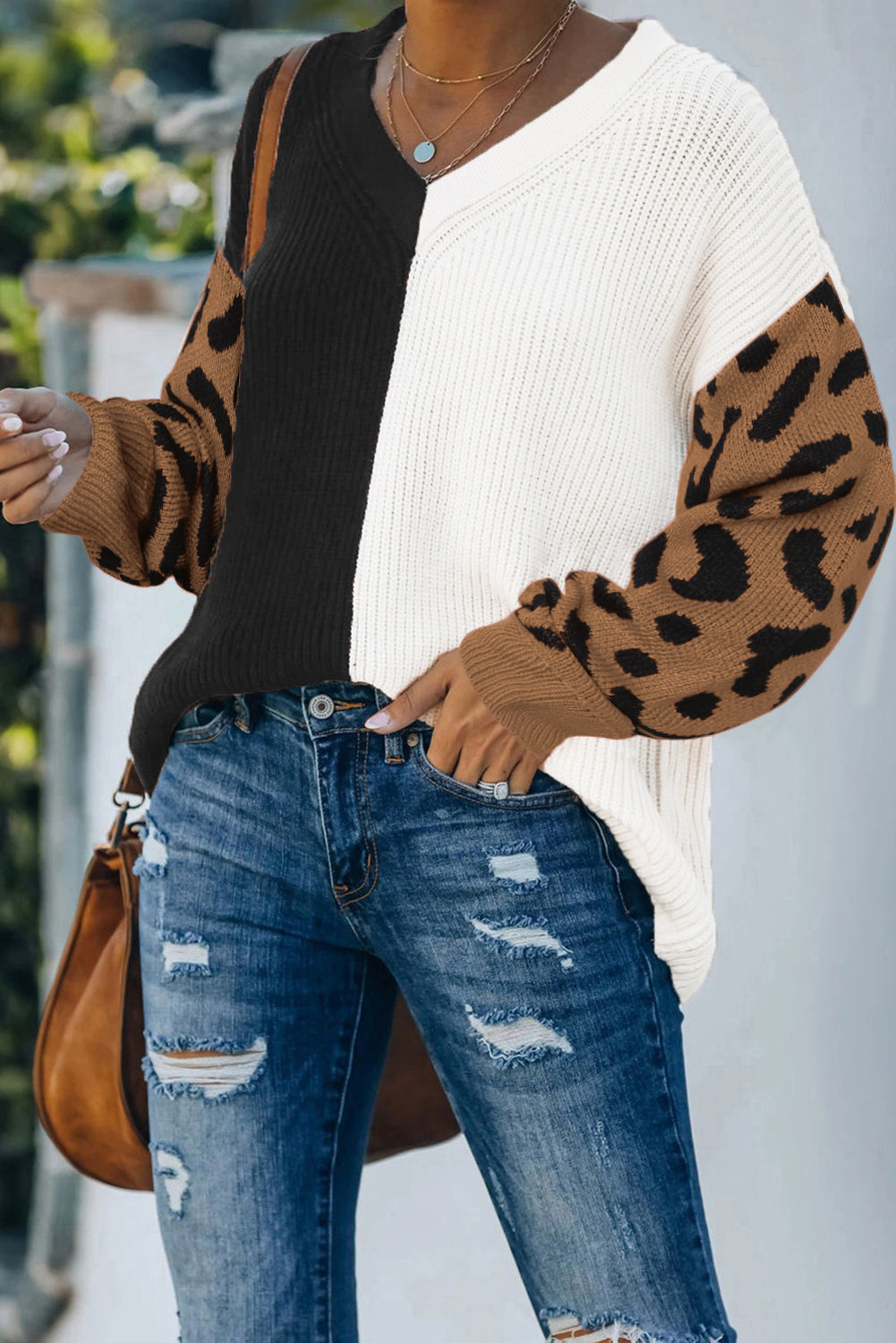 Print Contrast Color V Neck Sweater