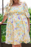 Plus Size Floral Print Ruffle Bubble Sleeve Babydoll Dress