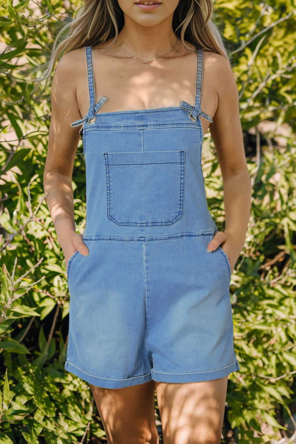 Grommet Tie Straps Casual Denim Romper