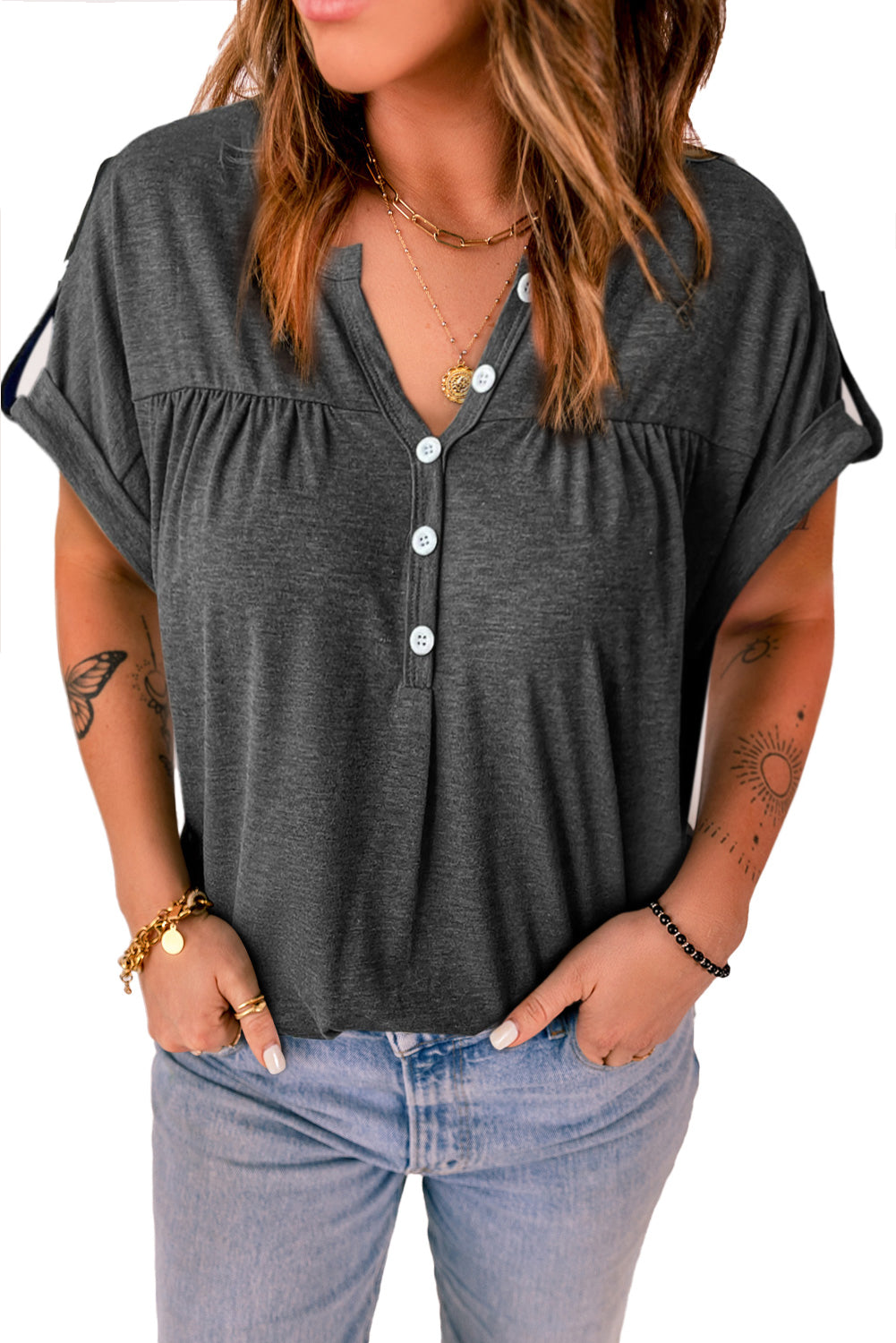 V-Neck Rolled Short Sleeve Henley Top