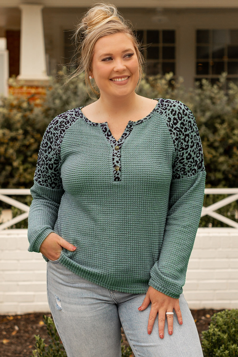 Green Leopard Waffle Knit Buttoned V Neck Blouse