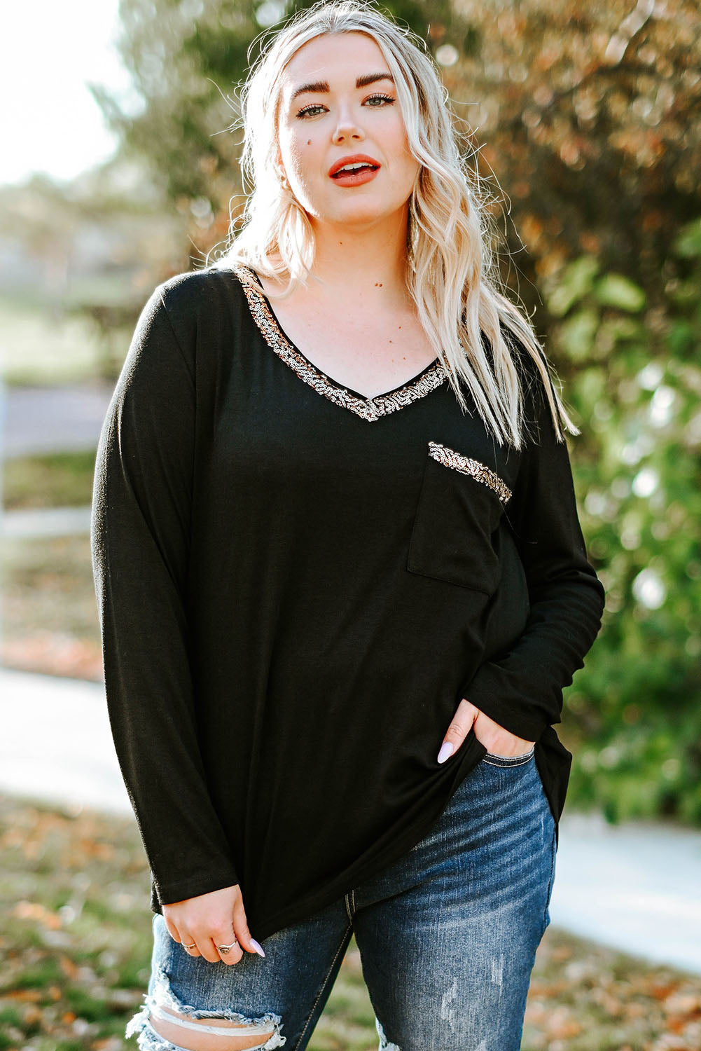 Long Sleeve Sequined V Neck Plus Size Top