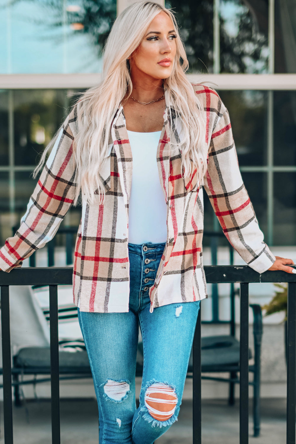 Plaid Print Buttoned Shirt Coat with Pocket