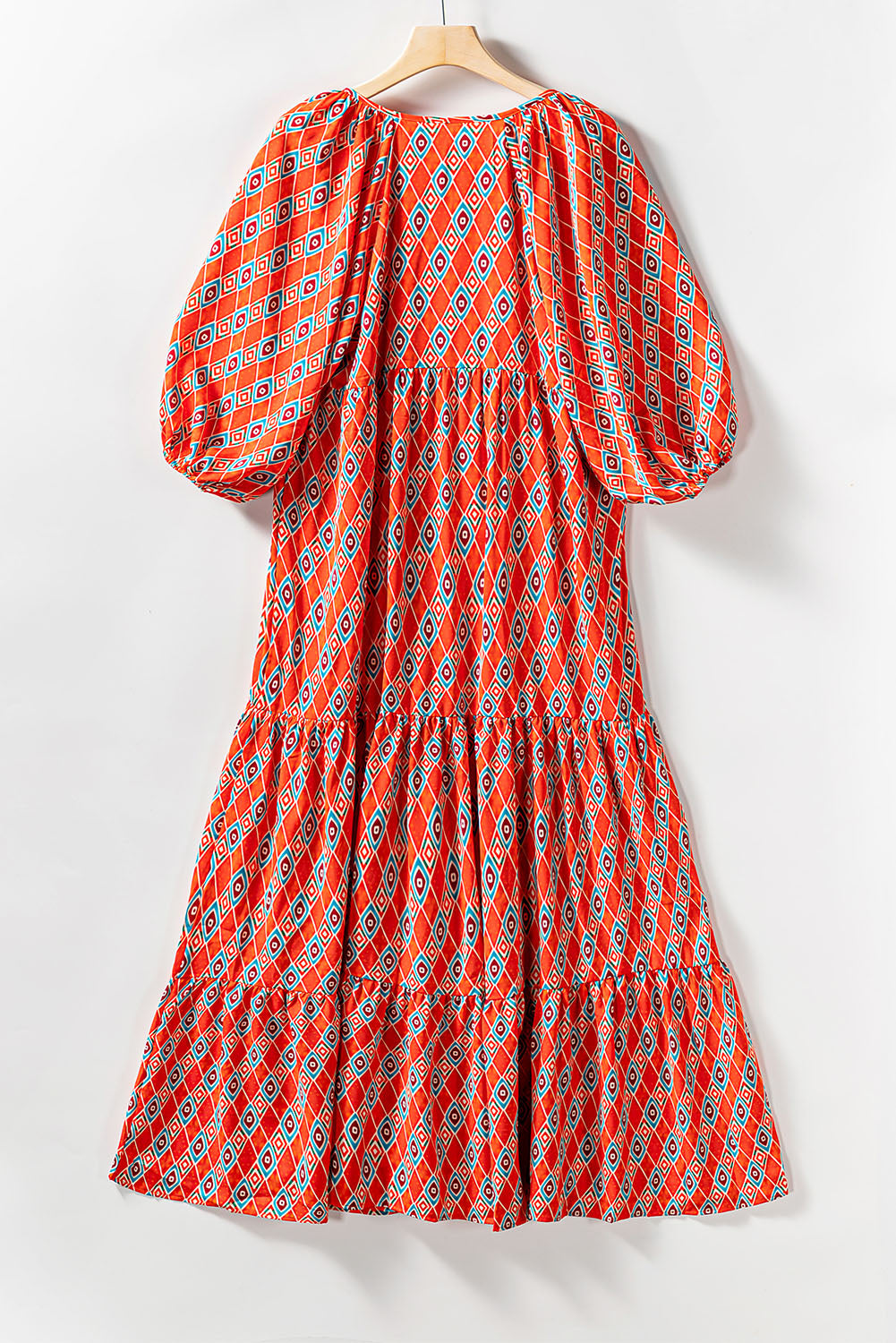 Ethnic Geometry Print Bubble Sleeve Maxi Dress