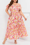 Floral Print Shirred Ruffled Sleeveless Plus Size Dress