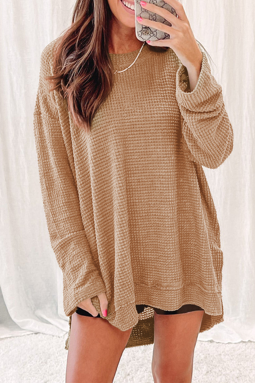 Green Waffle Knit High Slits Oversized Top