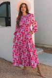 Sky Blue Floral Print Smocked Lantern Sleeve Tiered Maxi Dress