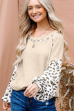 Leopard Print Patchwork Lantern Sleeve Waffle Knit Top