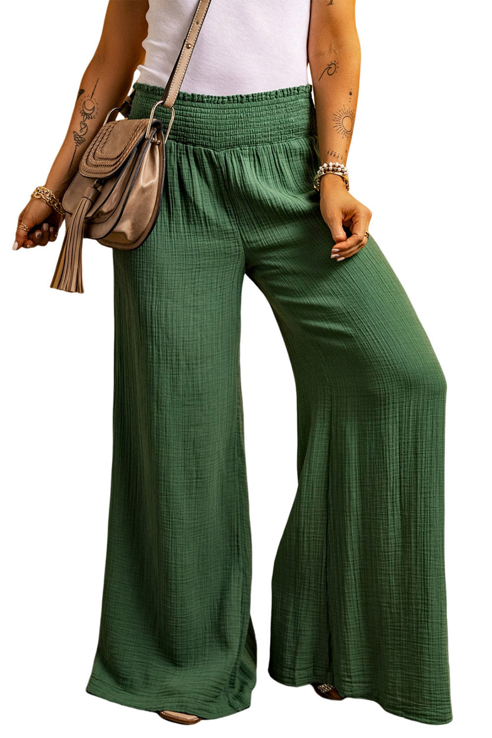 Smocked Waist Crinkled Wide Leg Pants