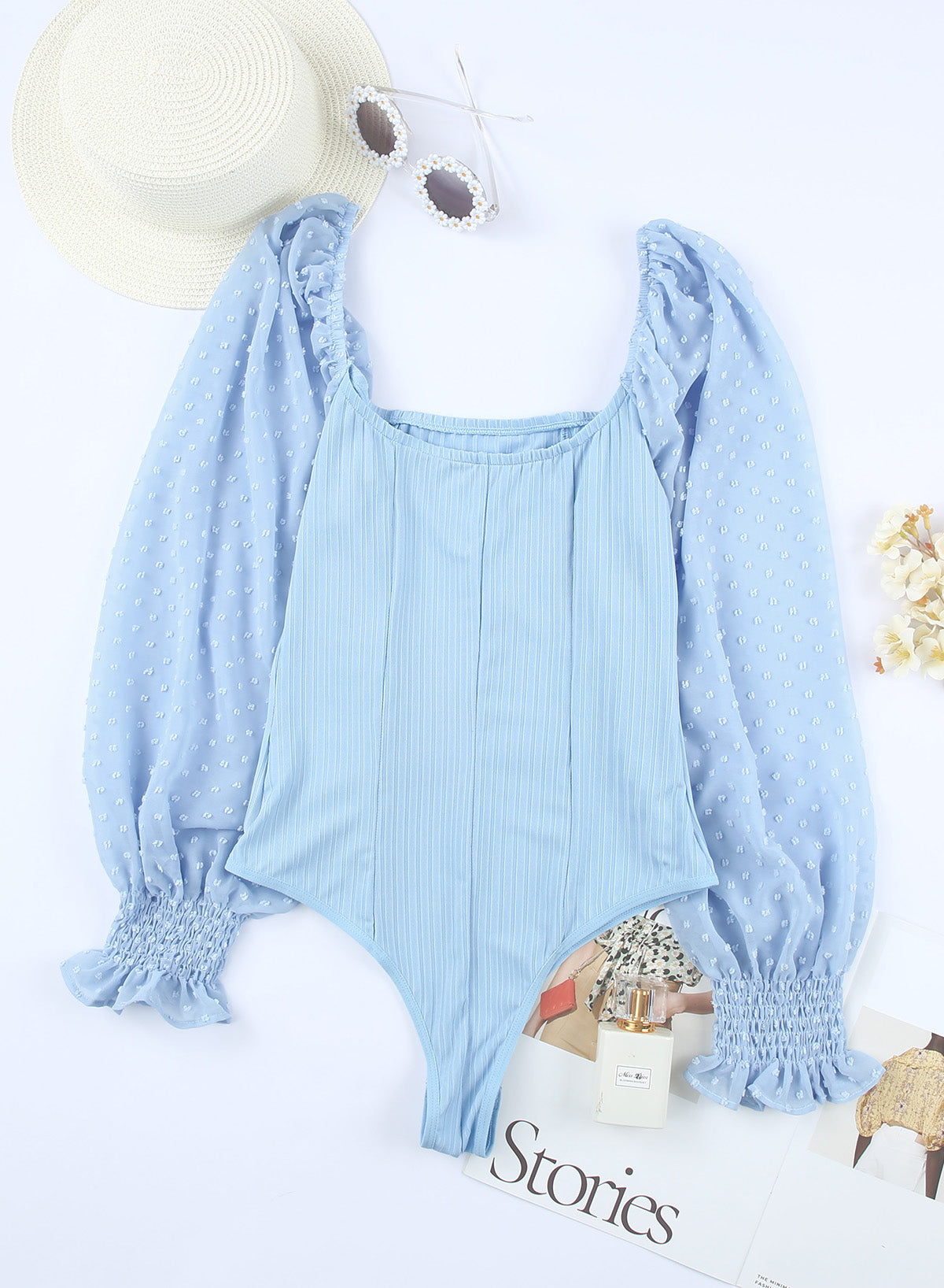 Solid Swiss Dot Ribbed Puff Sleeve Bodysuit