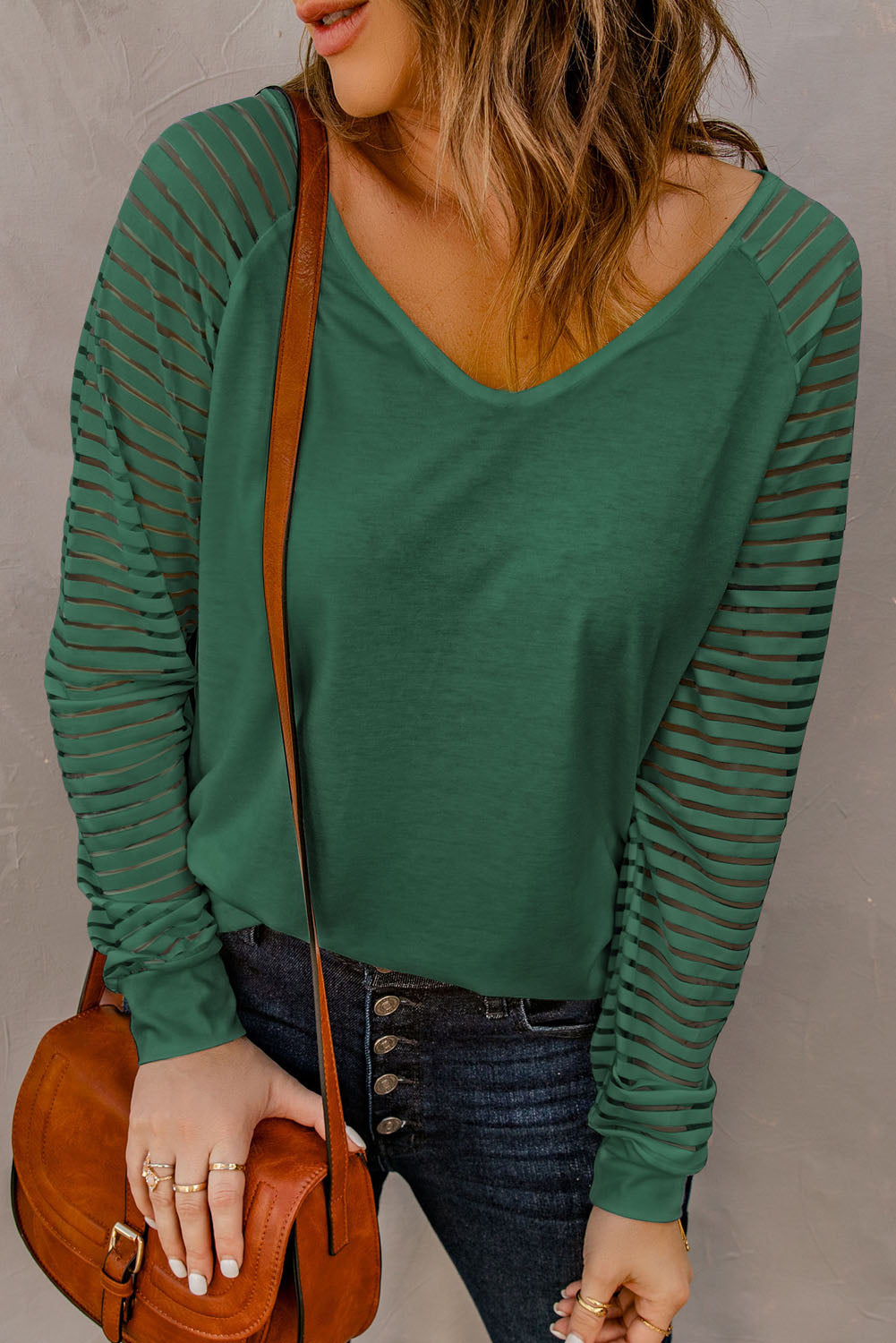 Green Sheer Stripe V-Neck Top