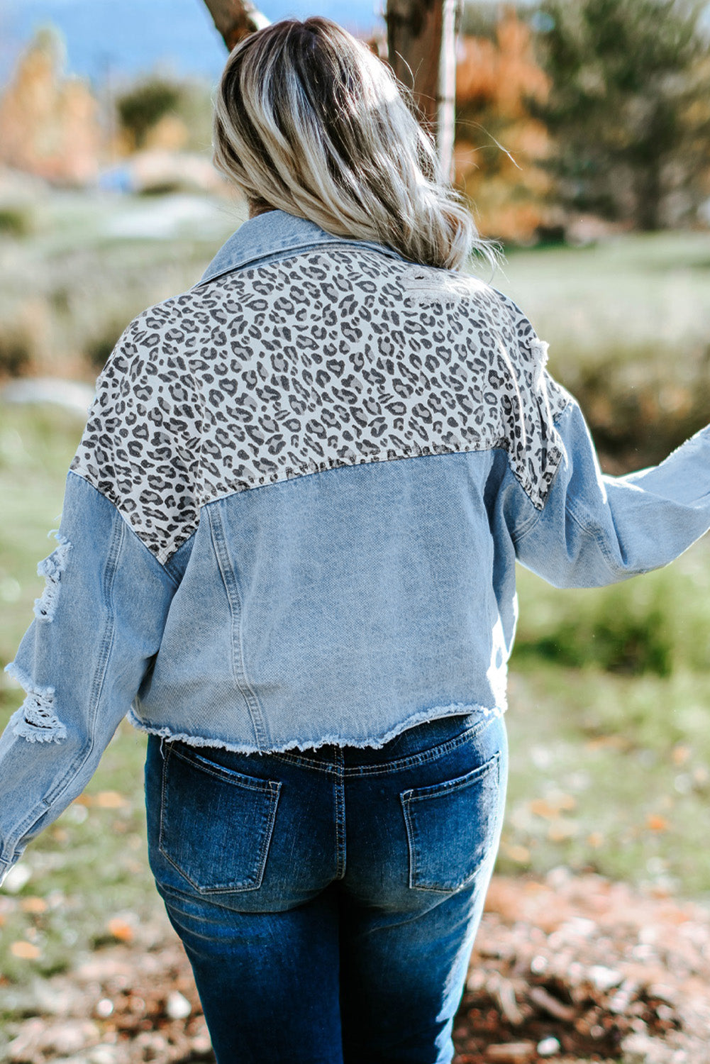 Veste en Jean Courte Déchirée Léopard Bleue Grande Taille