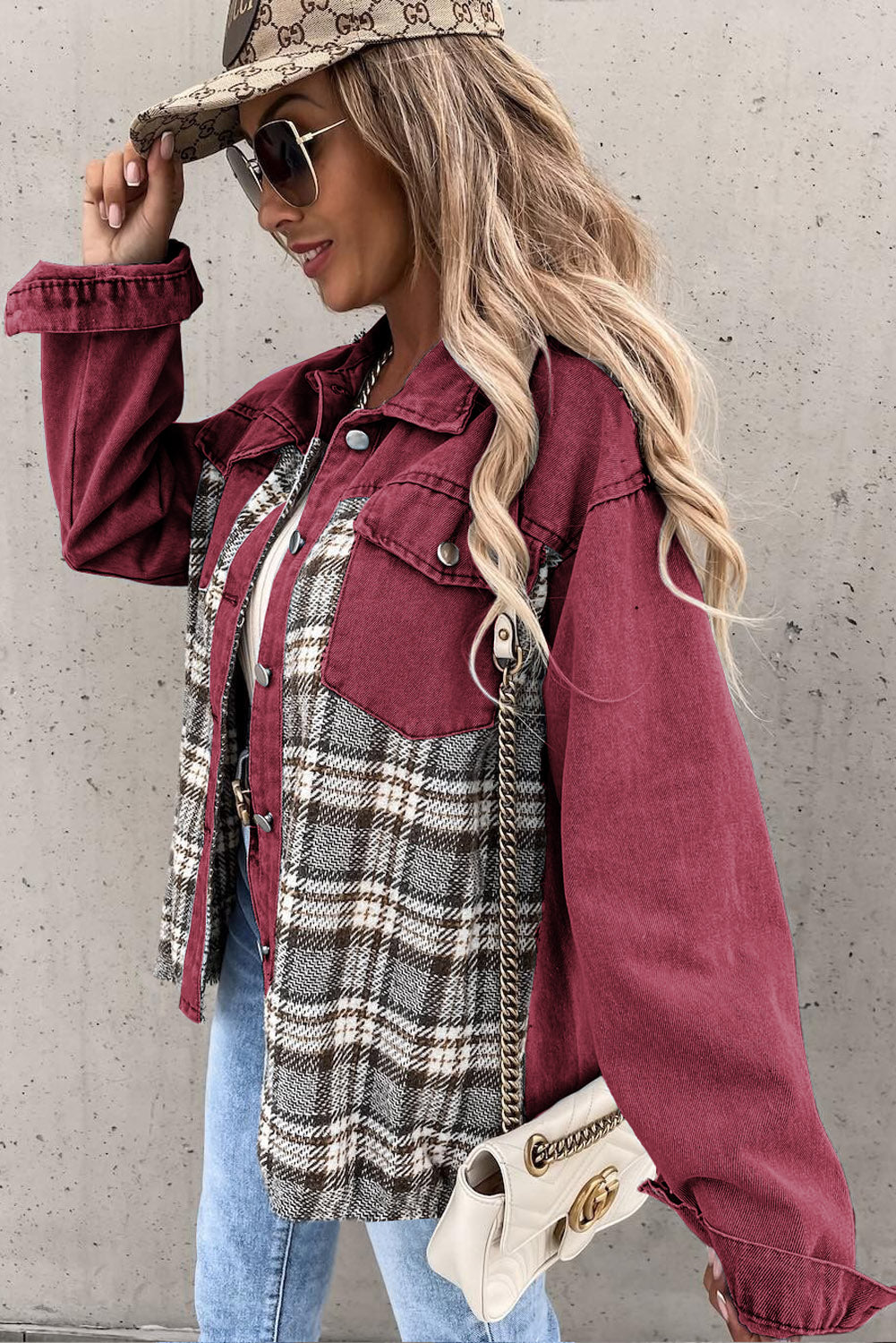 Brown Plaid Patchwork Pockets Denim Jacket