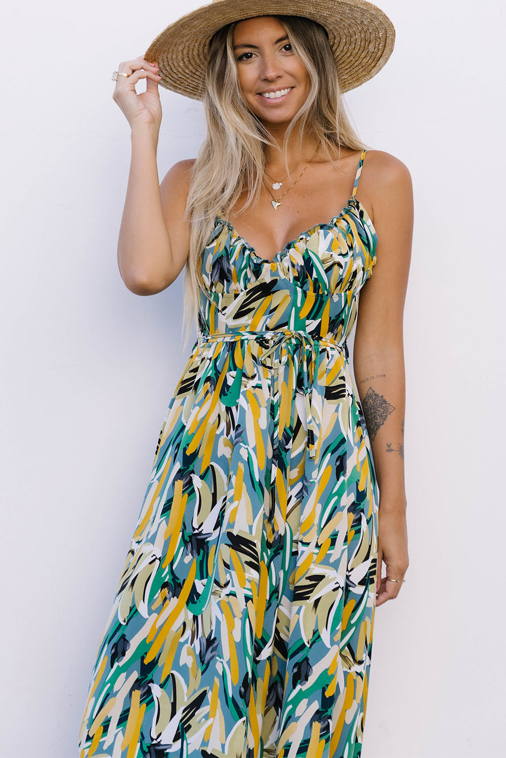 Abstract Printed Spaghetti Straps Ruffle Maxi Dress