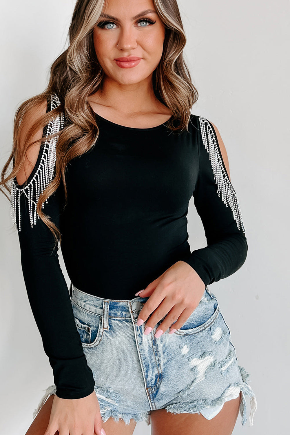 Rhinestone Fringed Cold Shoulder Long Sleeve Bodysuit