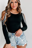 Rhinestone Fringed Cold Shoulder Long Sleeve Bodysuit