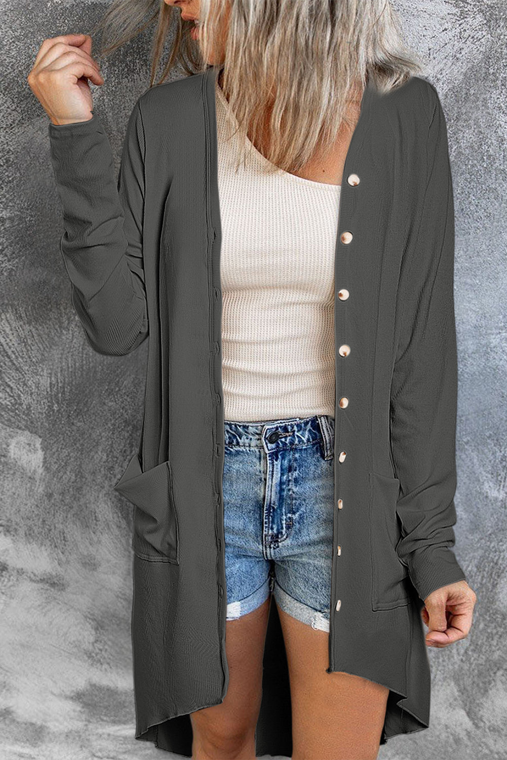 Selected Button Pocketed High Low Cardigan