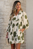 Guacamole Green Floral Striped Print Contrast Piping Puff Sleeve Dress