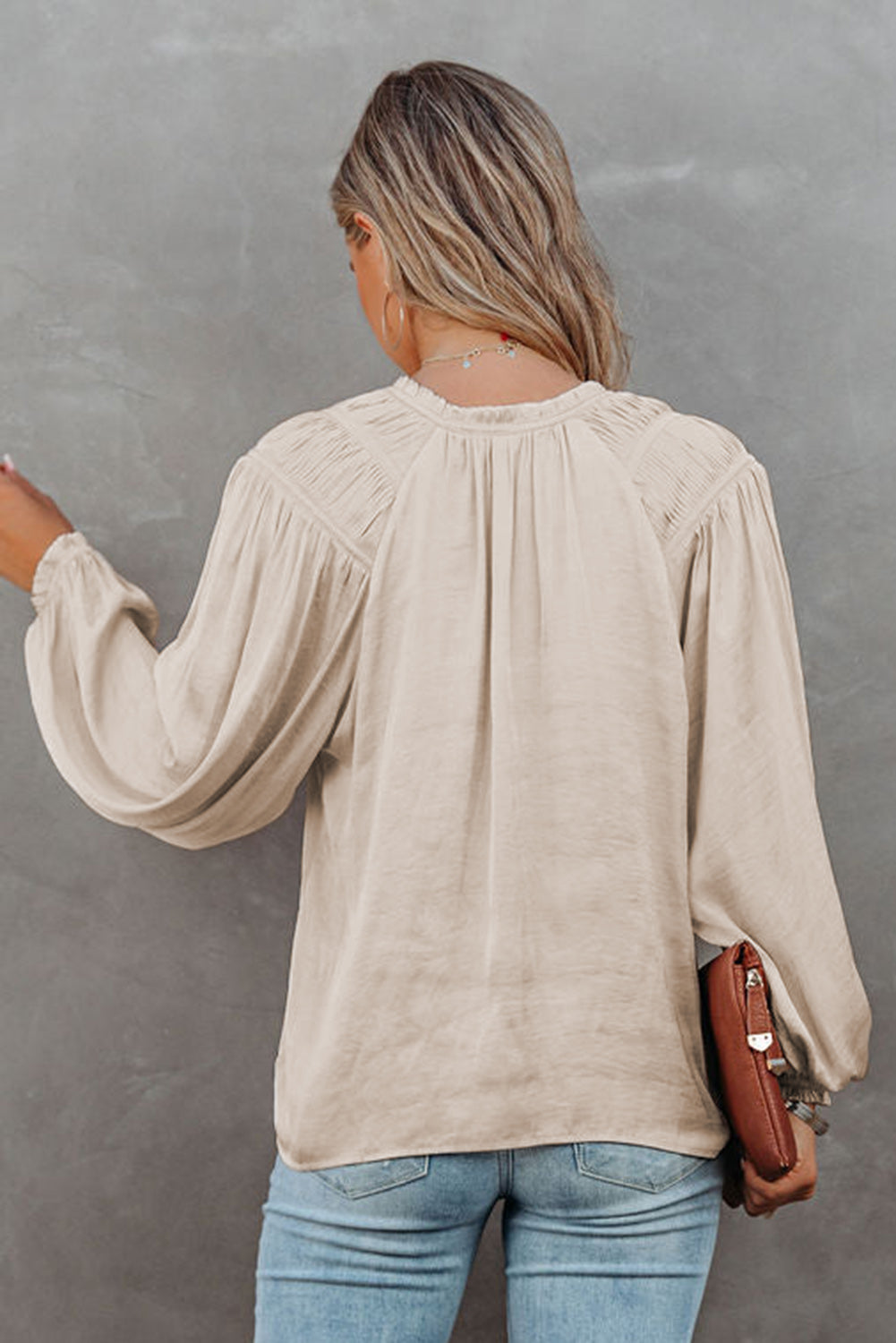 Pleated Balloon Sleeve Drawstring V-Neck Blouse