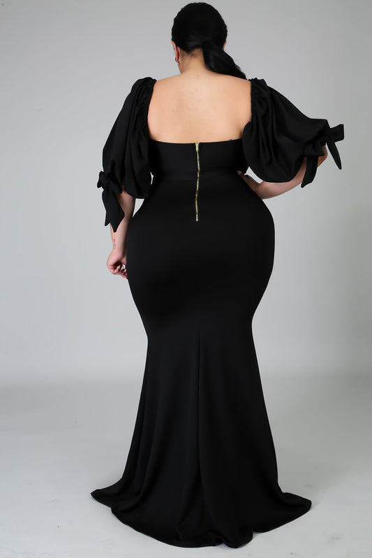 Bow Tie Puff Sleeve Plus Size High Slit Maxi Dress