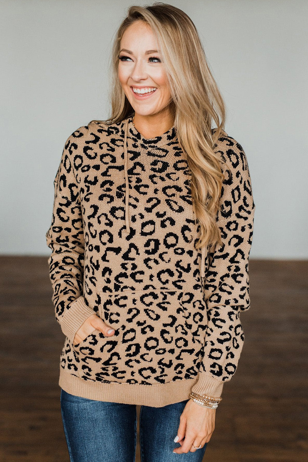 Leopard Knitted Drawstring Hooded Sweater