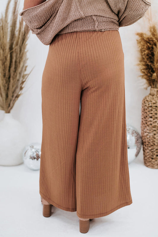 Ribbed Patch Pocket Frill Waist Wide Leg Plus Pants