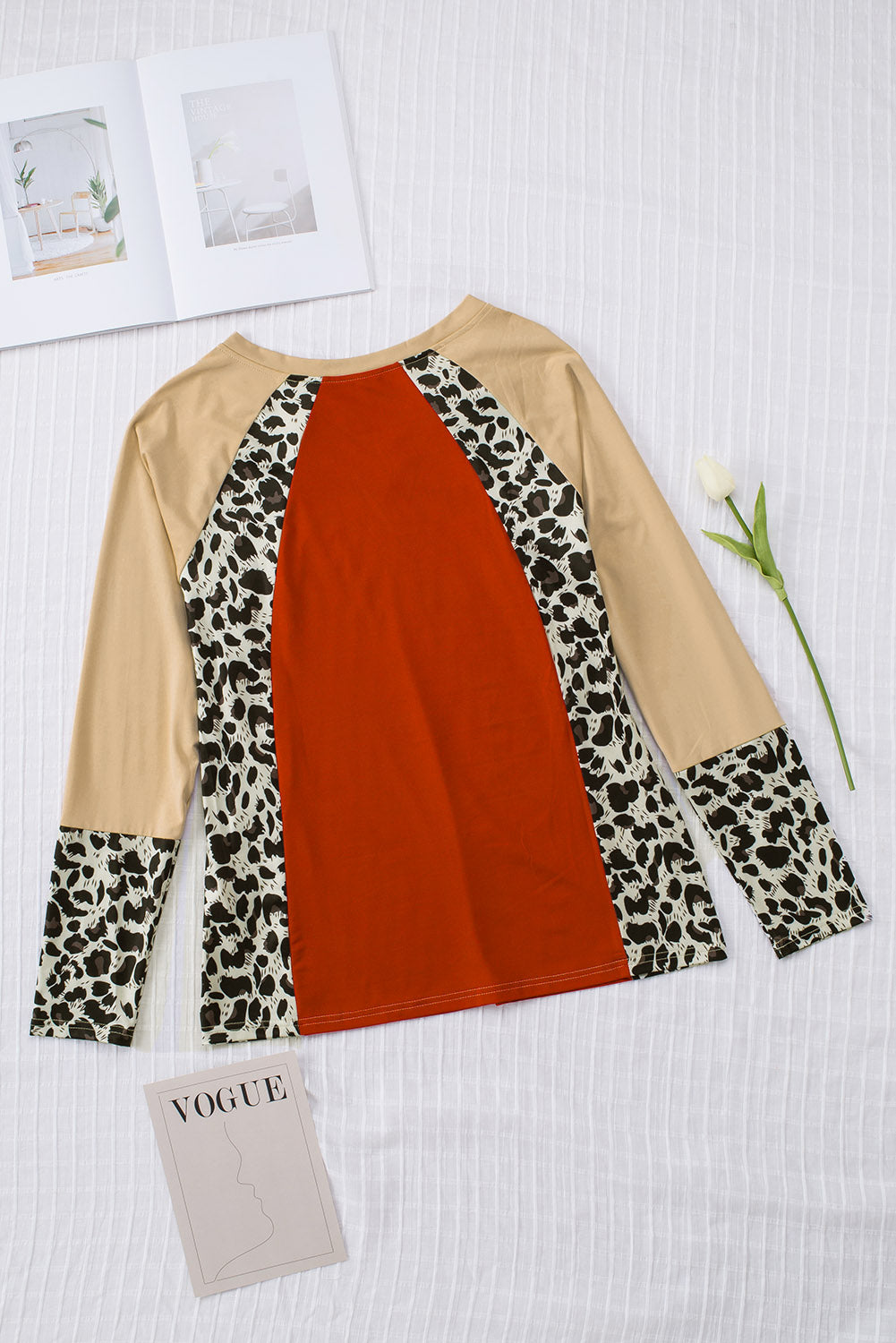 Colorblock Leopard V Neck Long Sleeve Top