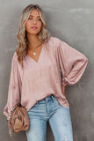 Pleated Balloon Sleeve Drawstring V-Neck Blouse