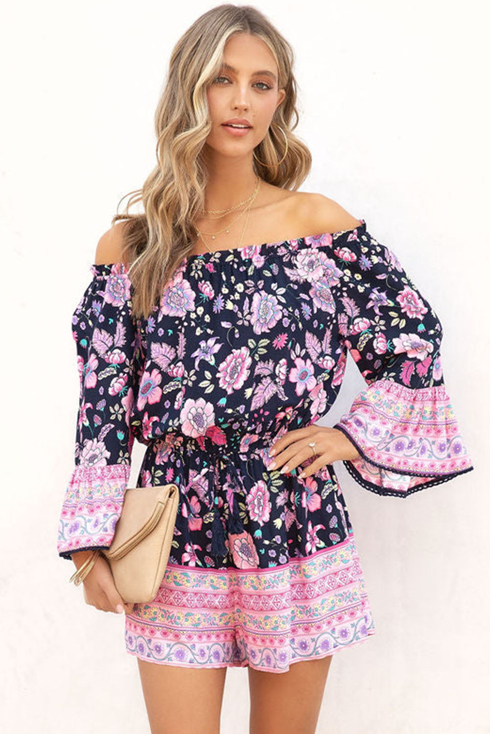 Floral Patchwork High Waist Off Shoulder Romper