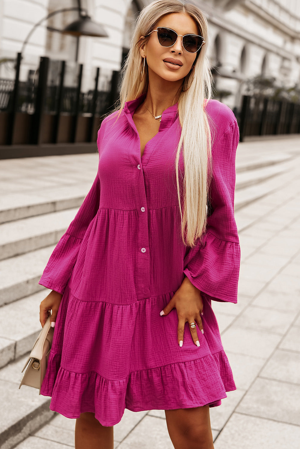 Crinkled Tiered Split Neck Shirt Dress