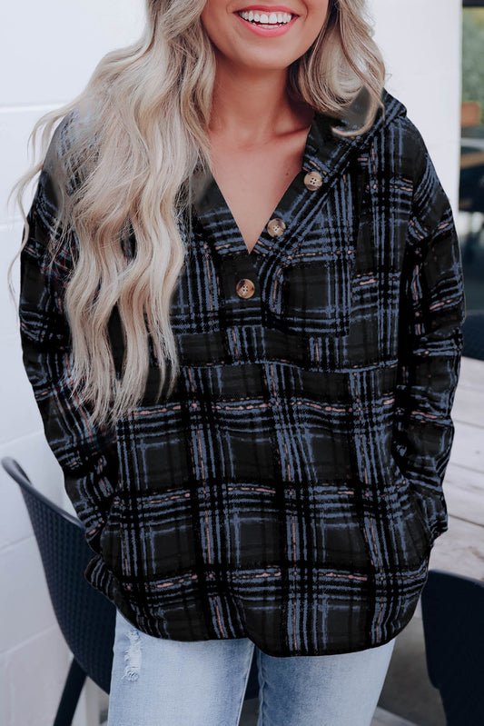 Plaid Button Neck Pocketed Pullover Hoodie