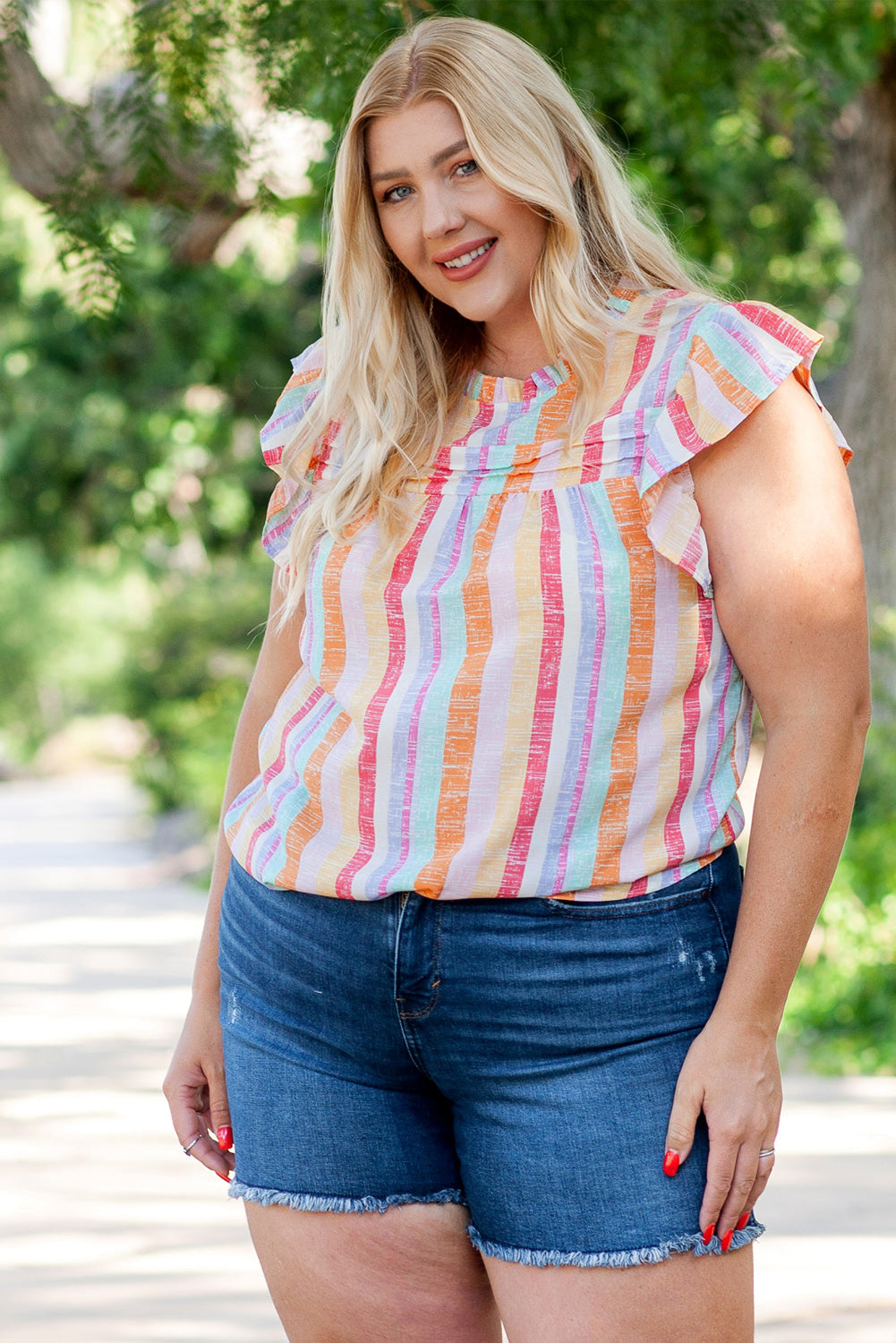 Striped Color Block Ruffled O-neck Sleeveless Top