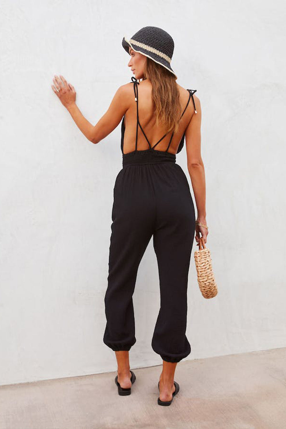 V Neck Knotted Shoulder Backless Pocket Jumpsuit