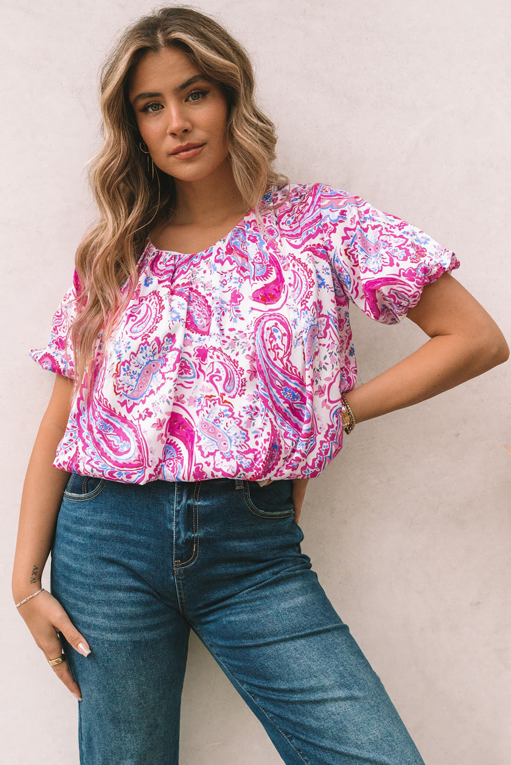 Paisley Pattern Print Puff Sleeve V Neck Blouse