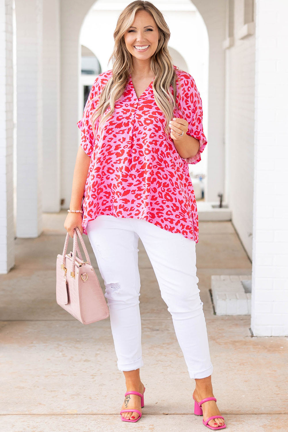 Leopard Print V Neck Half Sleeve Plus Size Blouse