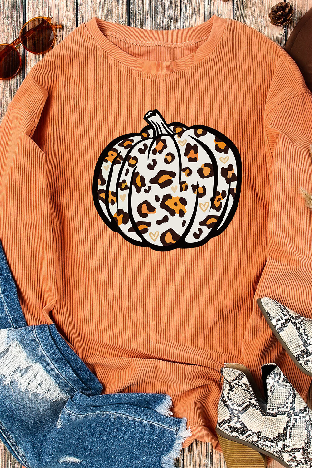 Orange Spooky Season Ghost Print Ribbed Pullover Sweatshirt