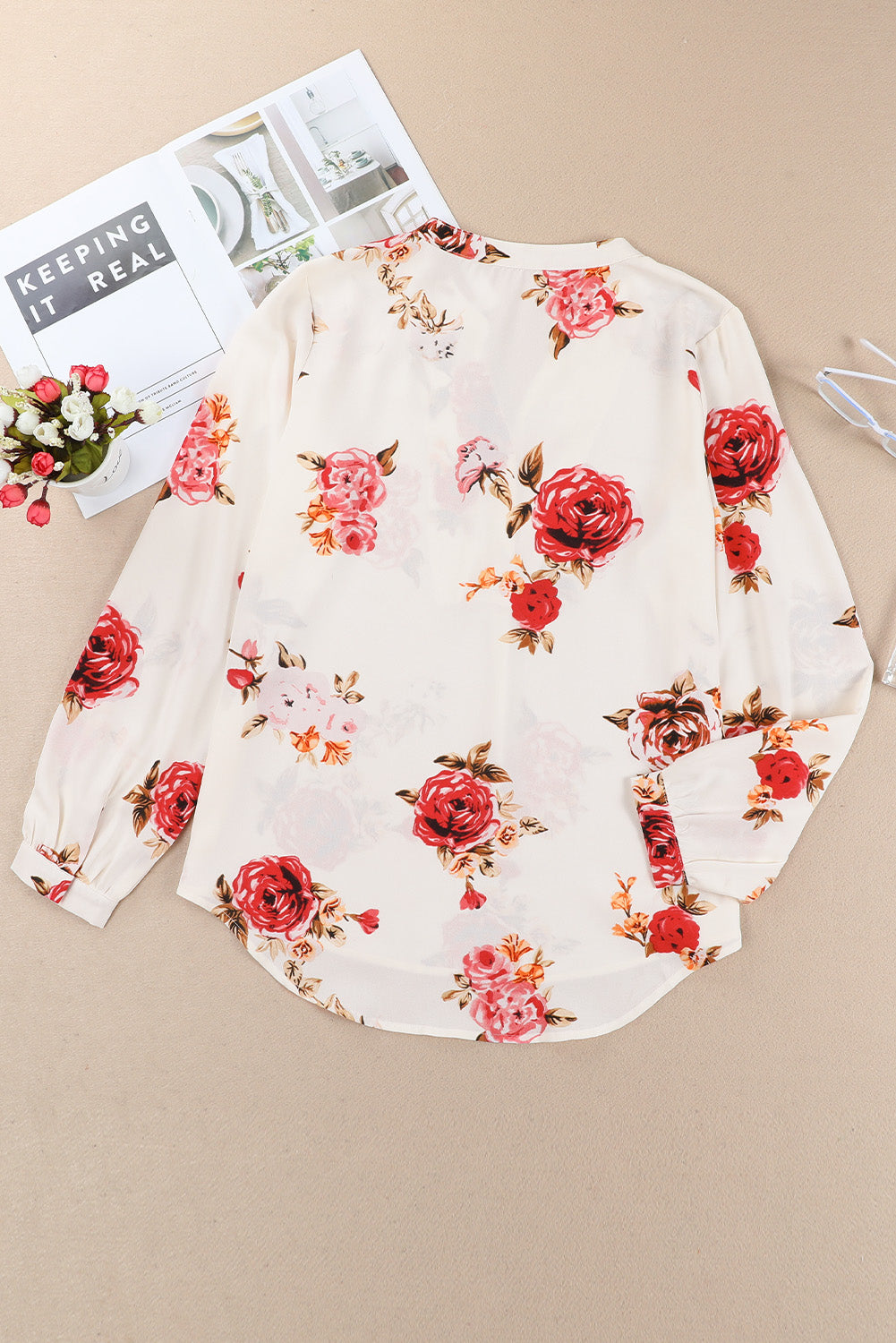 Floral Print V Neck Button Down Blouse