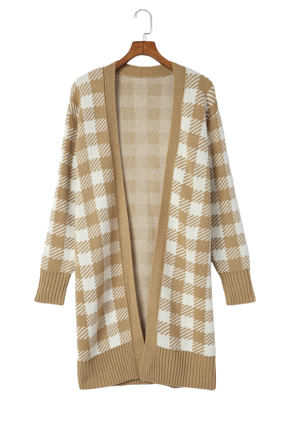 Plaid Pattern Ribbed Trim Long Cardigan