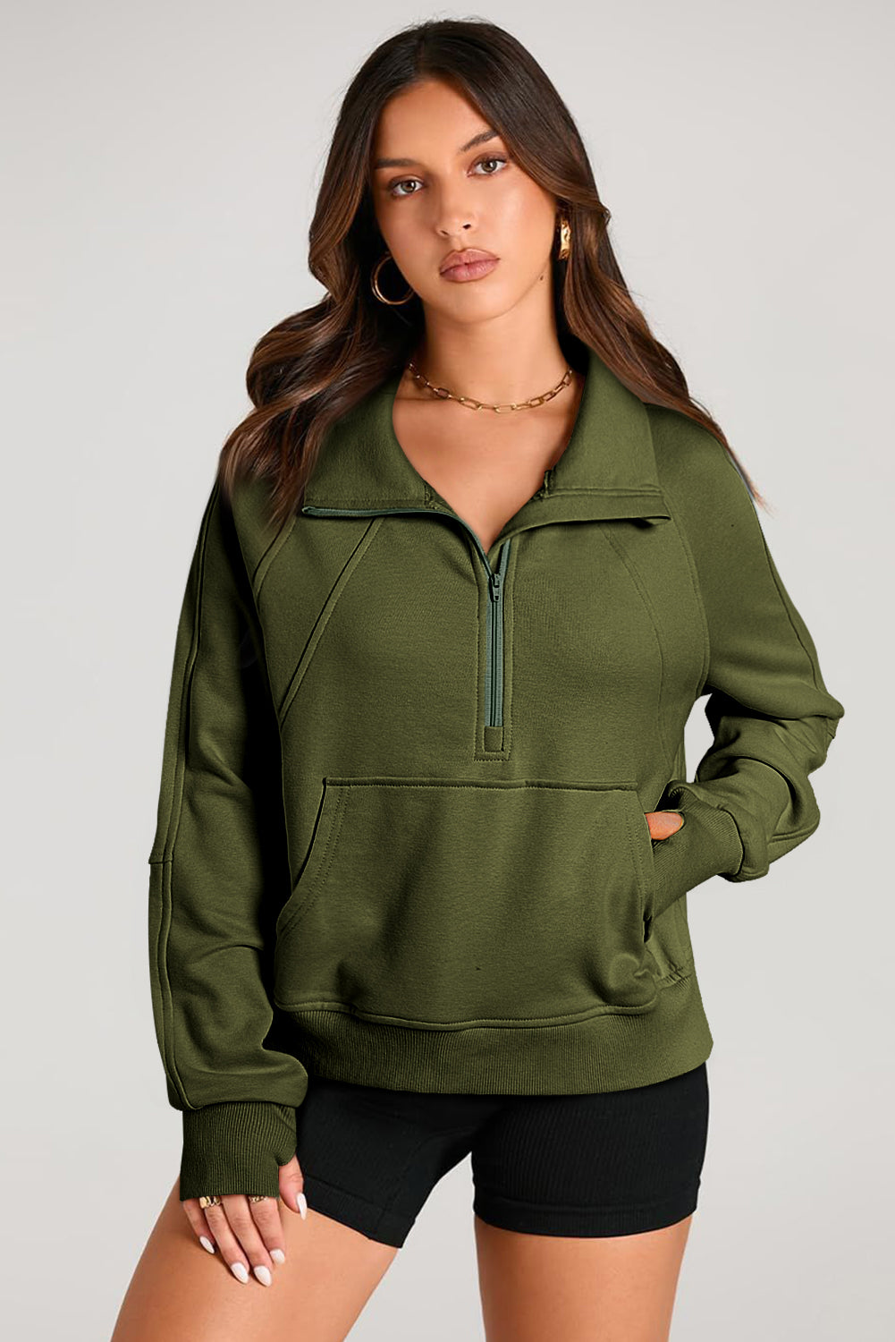 Brown Quarter Zip Stand Neck Kangaroo Pocket Sweatshirt