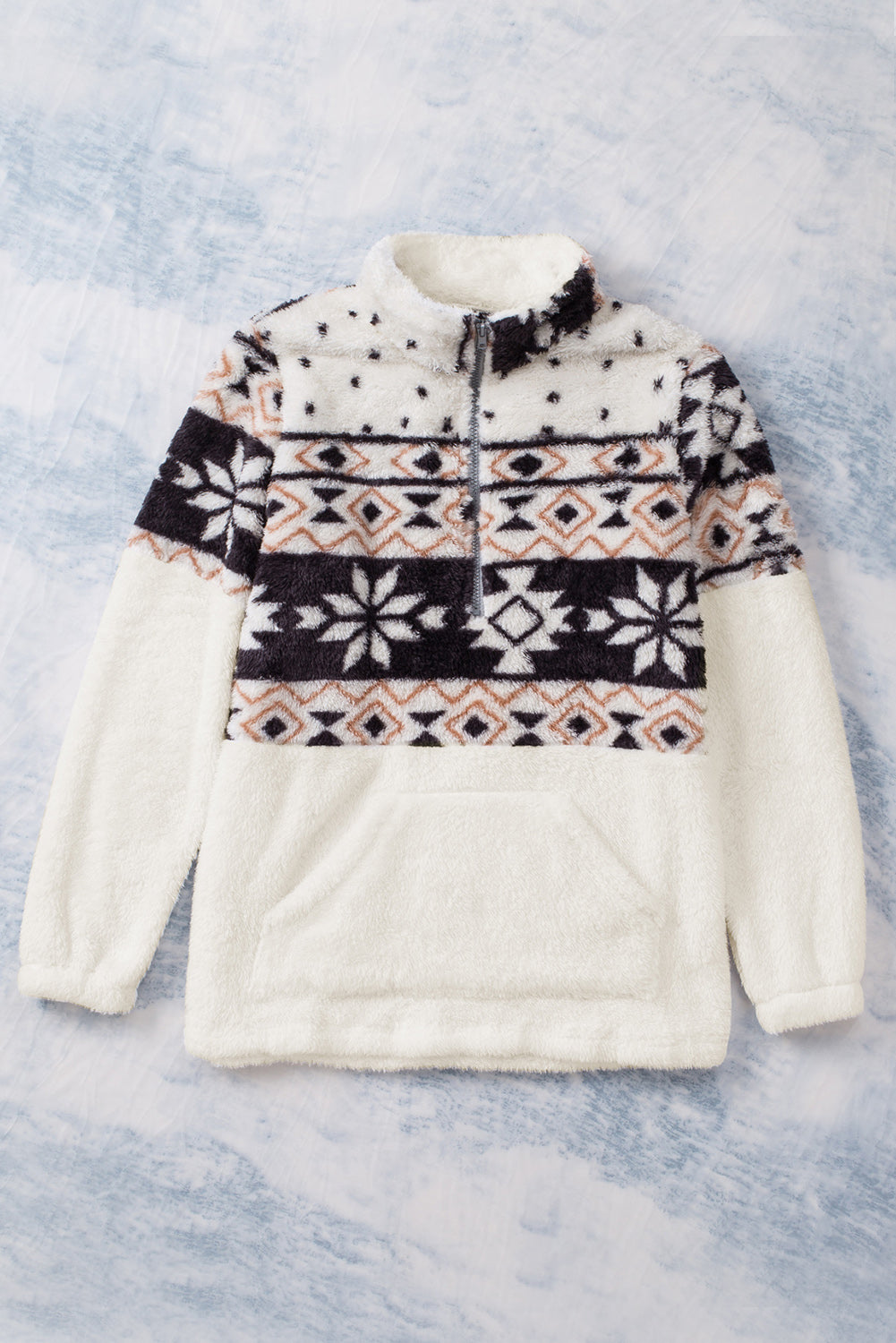 White Zip Neck Oversize Fluffy Fleece Pullover