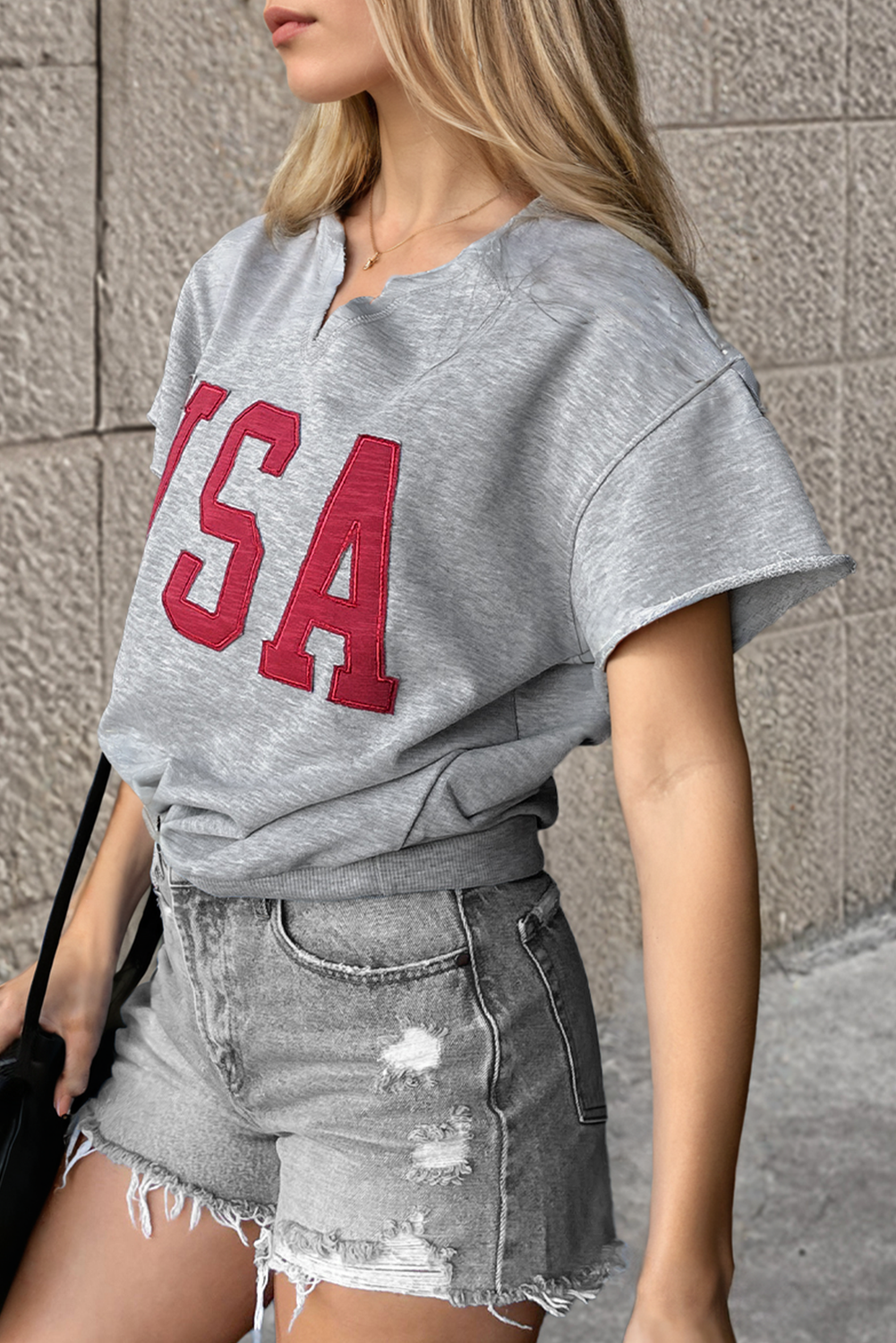 Light Grey USA Lettering Patch Notched Neck Loose Tee