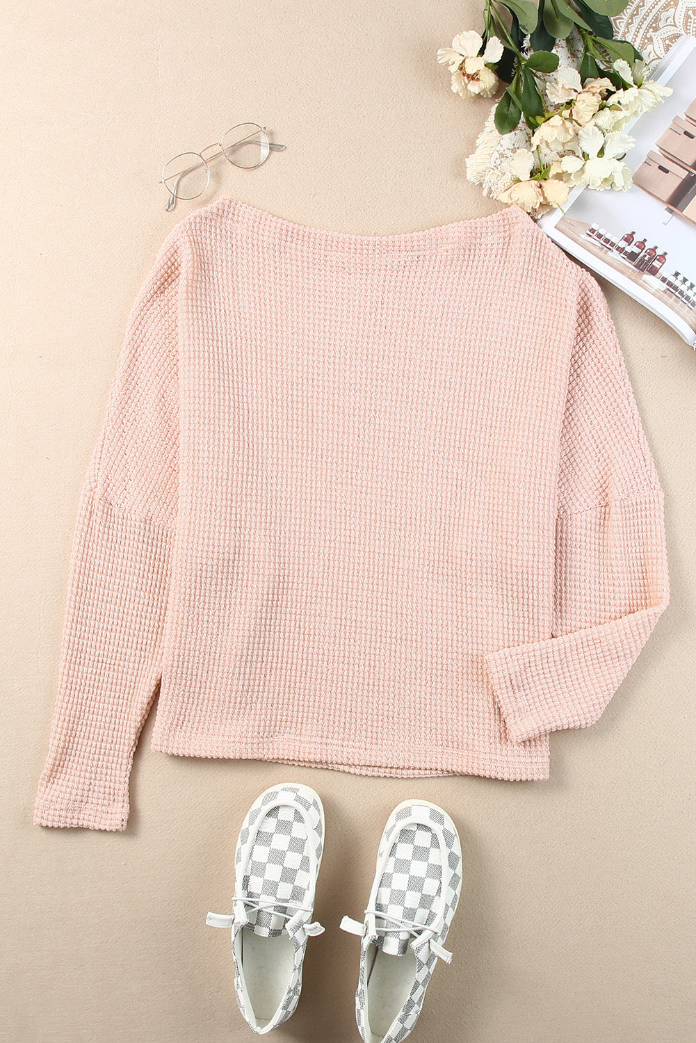 Waffle Knit Eyelet Long Sleeve Blouse