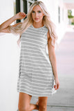 Stripe Print Side Pockets O-neck Sleeveless Mini Dress