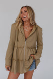 Tiered Ruffled Zip-Up Drawstring Hooded Jacket