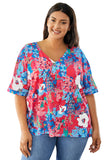 Chemisier Floral Bleu Ciel à Col en V et Manches Dolman Grande Taille