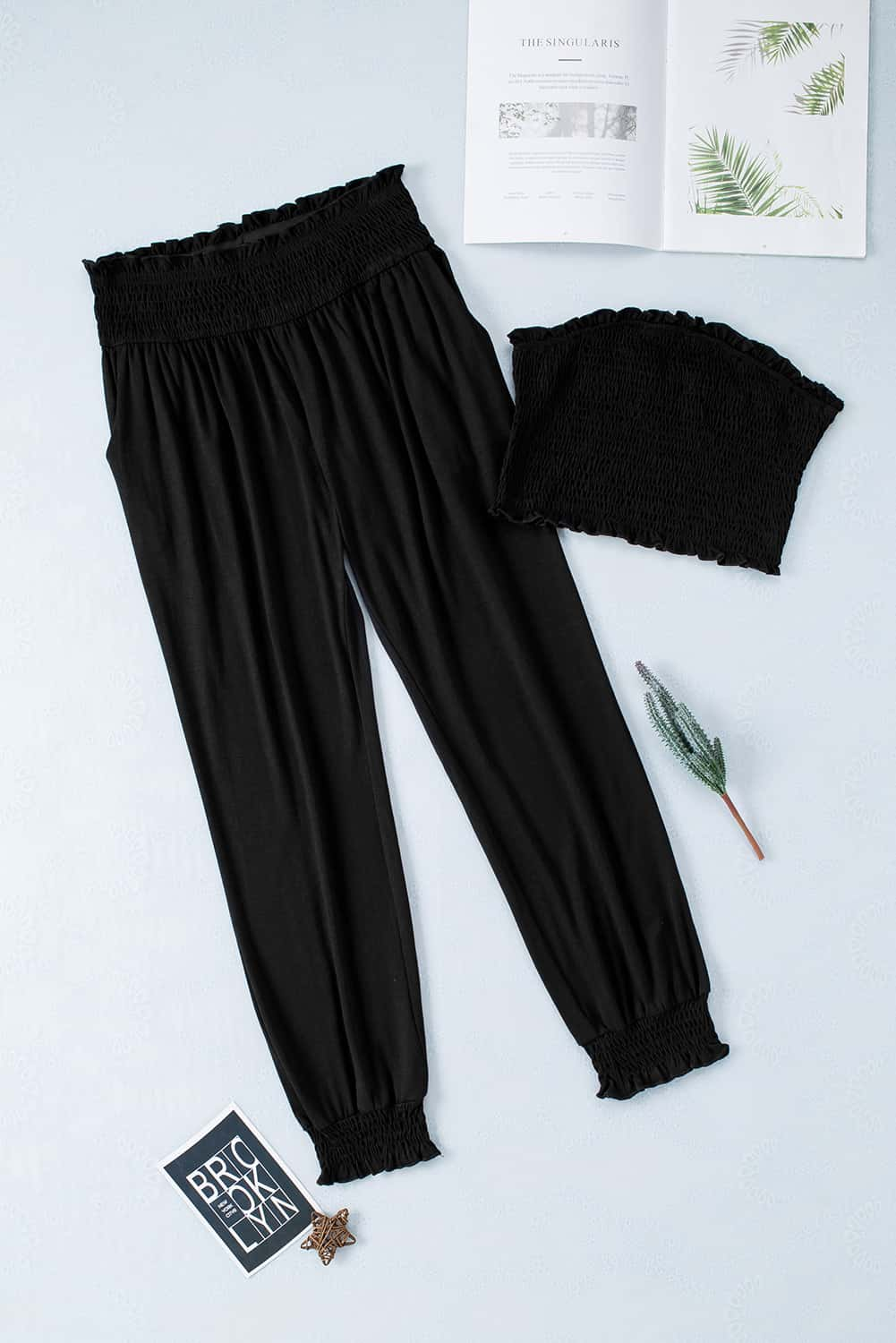 Smocked Tube Top and High Waist Pants Set