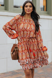 Western Pattern Print Lantern Sleeve Drawstring Mini Dress